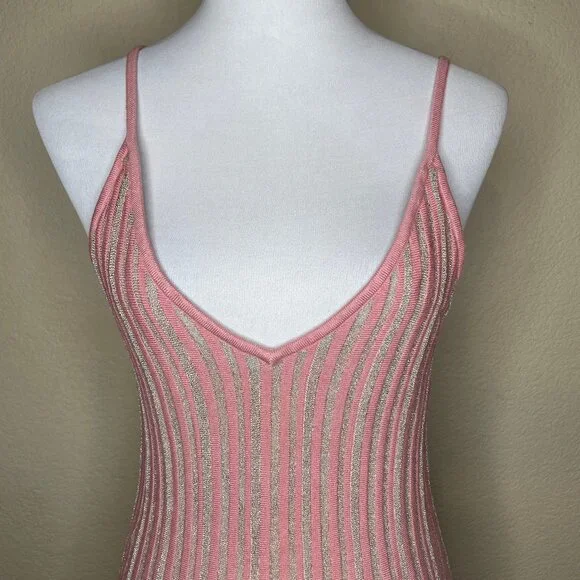 H&M Pink & Silver Metallic Pleated Midi Dress Shimmer Knit Cami Size Medium - Picture 3 of 14